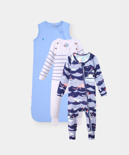 The Sleep Edit · Trio | Sleep Sack, Captain Cuddle & Ocean Snuggles | Frost Blue