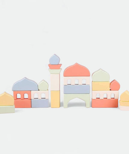 Wooden Masjid Building Blocks - Pastel Colors - Atlas & Maya  Wooden Masjid Building Blocks - Pastel Colors Bamboo Toys