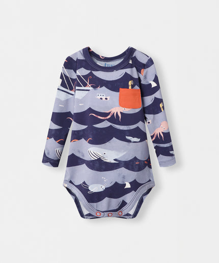 Pocket Long Sleeve Magnetic Bodysuit - Ocean Snuggles - Atlas & Maya