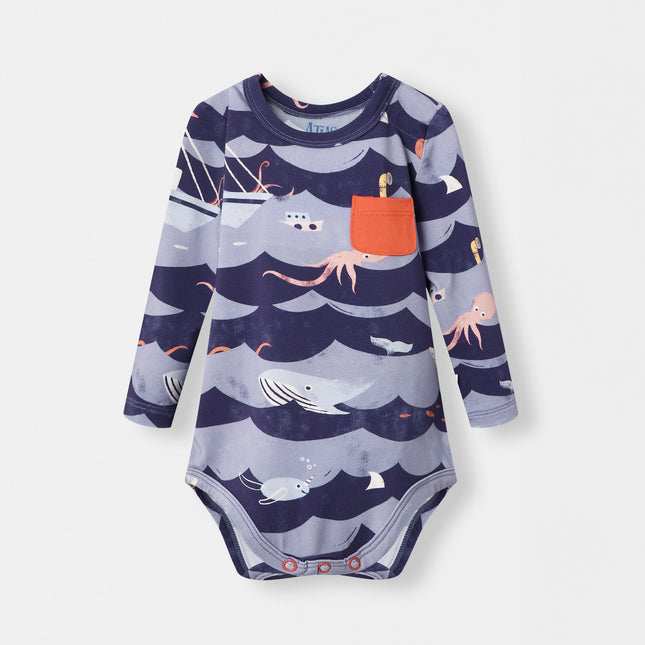 Pocket Long Sleeve Magnetic Bodysuit - Ocean Snuggles - Atlas & Maya