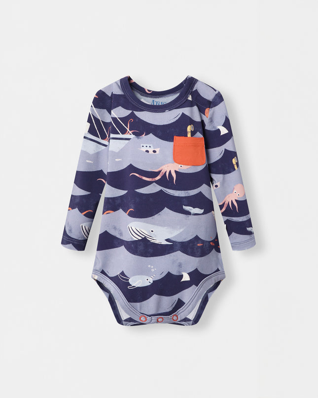 Pocket Long Sleeve Magnetic Bodysuit - Ocean Snuggles - Atlas & Maya