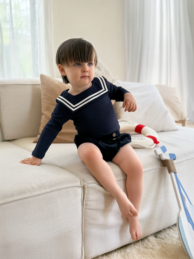 Nautical Bodysuit + Sailor Short - Navy Blue - Atlas & Maya  Nautical Bodysuit + Sailor Short - Navy Blue Bamboo Set