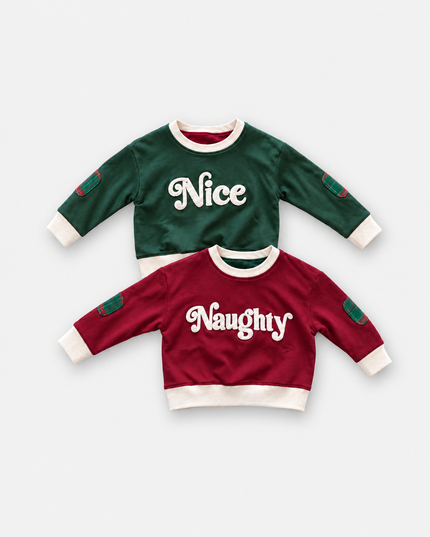 Kids Reversible Organic Cotton Christmas Jumper | Nice or Naughty