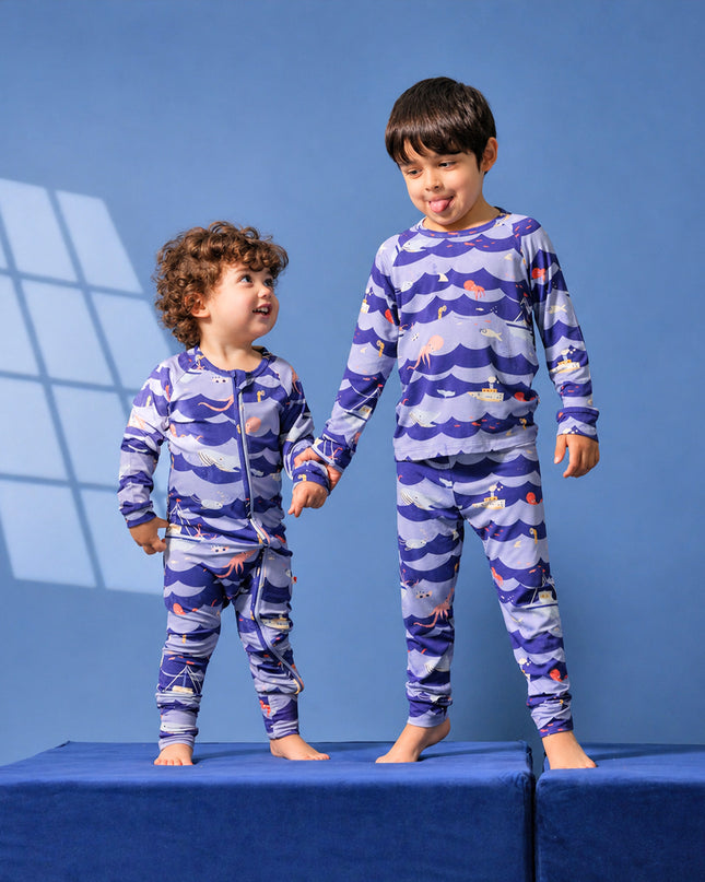 Ocean Snuggles matching bamboo pajamas siblings baby toddler and kids