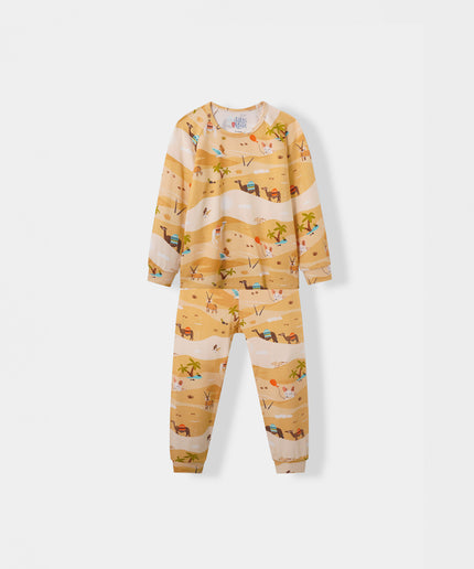 Atlas & Maya Bamboo Pajama in desert safari, featuring camels, falcons, oryx, fox - front view