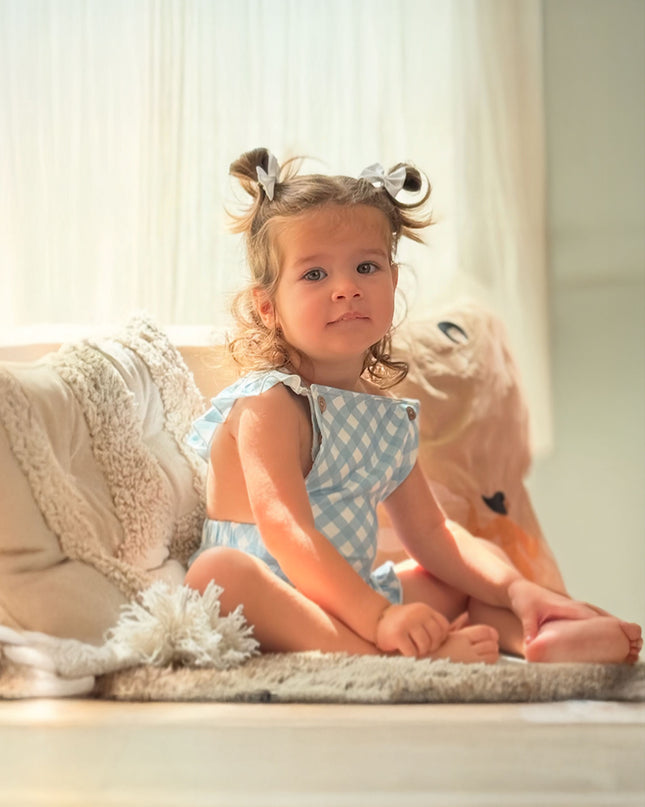 Ruffled Playtime Overall - Sky Blue Plaid