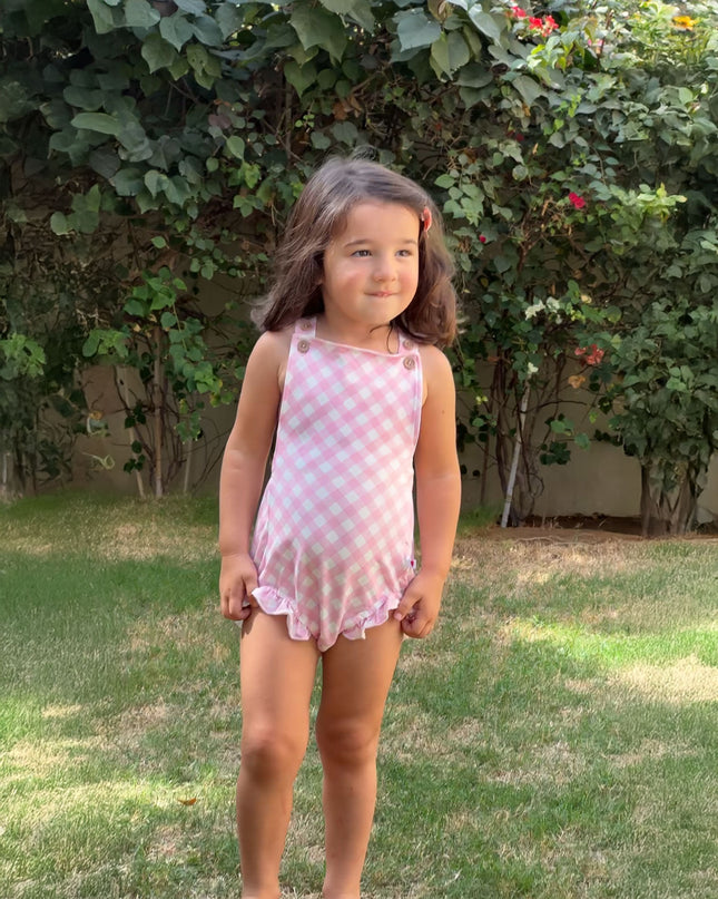 Ruffled Playtime Overall - Blush Plaid